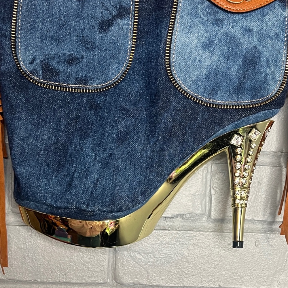 Denim & Fringe Stiletto Heel with Rhinestones Women's Handbag - Picture 6 of 16